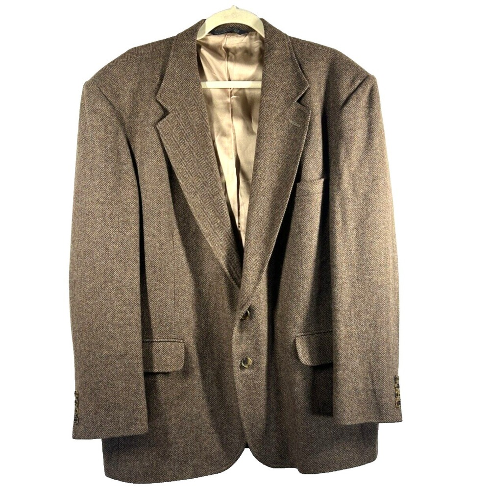 Lands End Mens Blazer 46R Brown Lambs Wool Herringbone Pocket Sport Jacket Lined